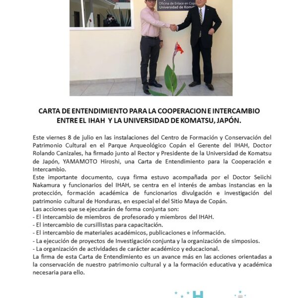 Carta de entendimiento para cooperación e intercambio entre el IHAH y la Universidad de Komatsu, Japón