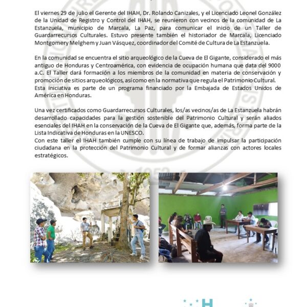 IHAH inicia Taller de Guardarrecursos Culturales en la comunidad de la Estanzuela cercana al Sitio Arqueológico de la Cueva de El Gigante