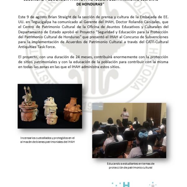 Aprobado el proyecto “Seguridad y Educación para la Protección del Patrimonio Cultural de Honduras”