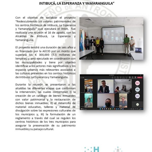 Reunión para solcialización del proyecto «Redescubriendo los valores patrimoniales de los centros históricos de Intibucá, La Esperanza y Yamaranguila»